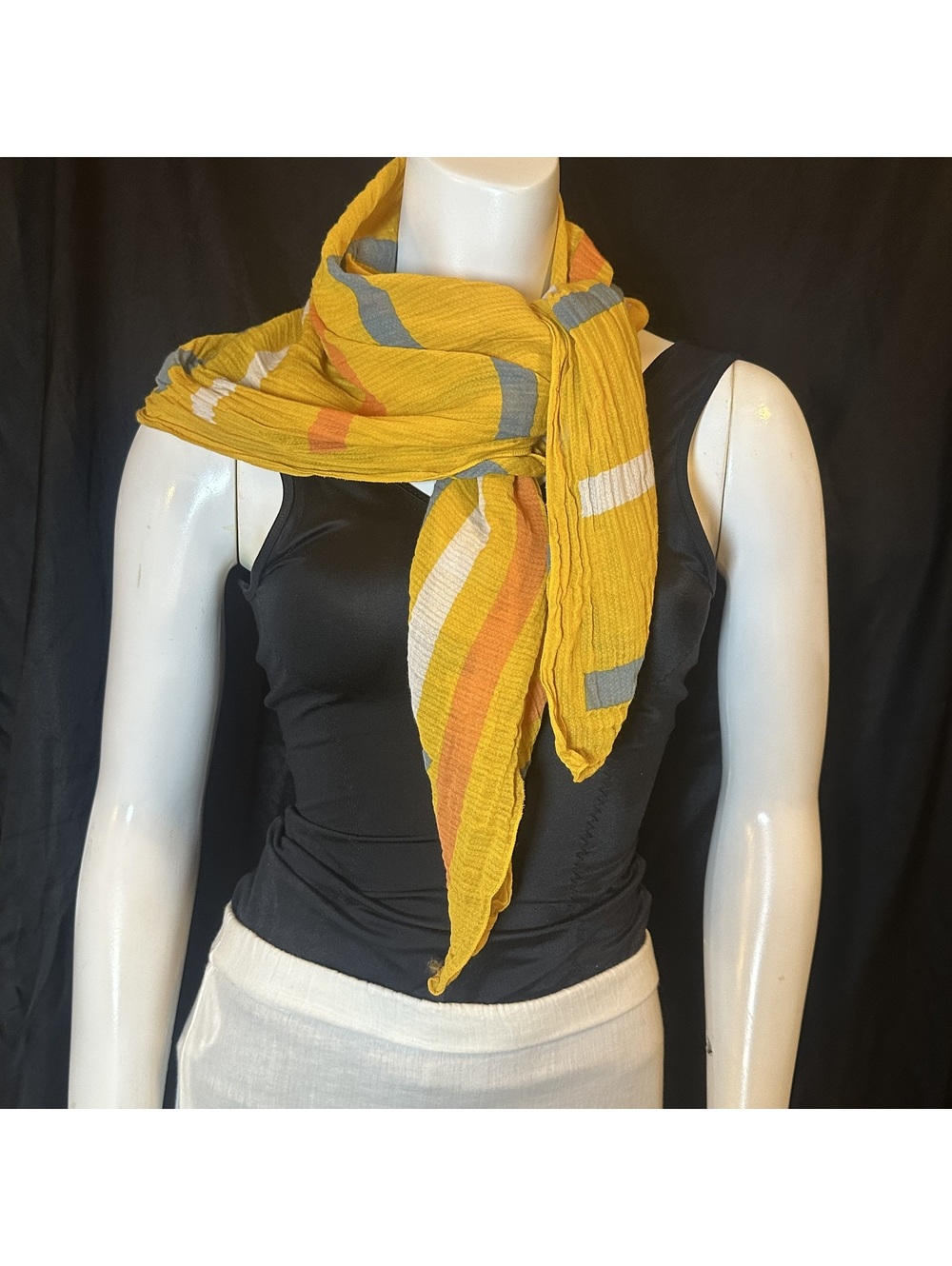 Vintage Lightweight Yellow Striped Scarf with Sailboat Pattern - Picture 9 of 12